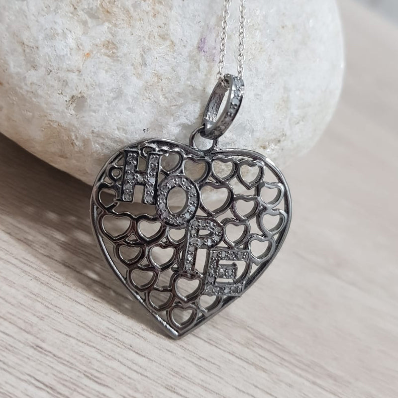 Elegant Two Tone Heart Pendant With Pave Diamond HOPE Layer, Heart Necklace, Silver Jewelry