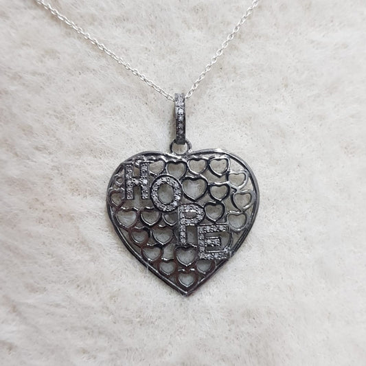 Elegant Two Tone Heart Pendant With Pave Diamond HOPE Layer, Heart Necklace, Silver Jewelry