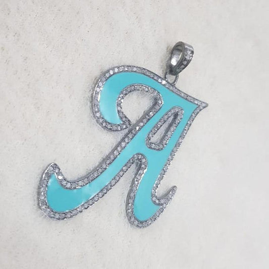 Turquoise Enamel A Latter Pendant With Pave Diamond Layers, Silver Jewelry, Gift For Someone