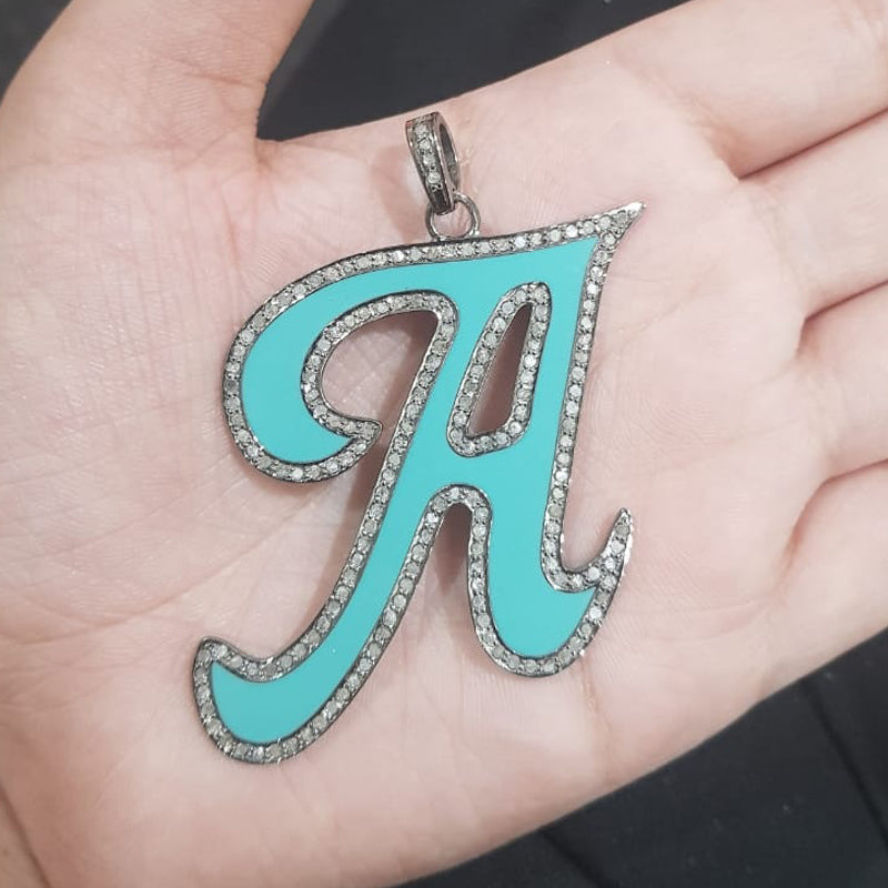 Turquoise Enamel A Latter Pendant With Pave Diamond Layers, Silver Jewelry, Gift For Someone