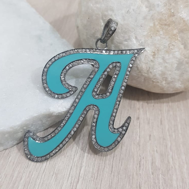 Turquoise Enamel A Latter Pendant With Pave Diamond Layers, Silver Jewelry, Gift For Someone