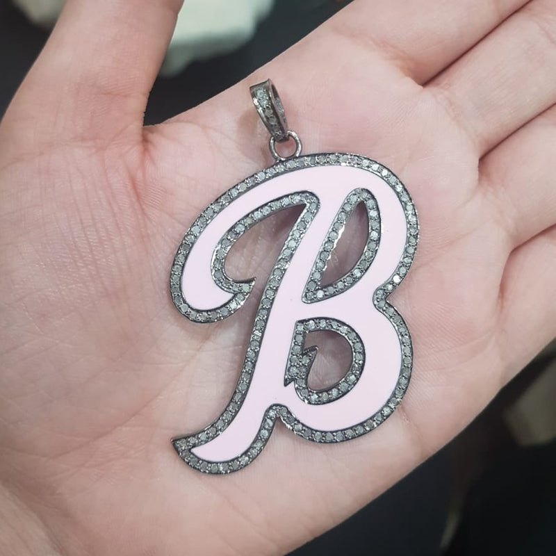 Pink Enamel B Latter Pendant With Pave Diamond Layers, Silver Jewelry, Personalized Gift For Love