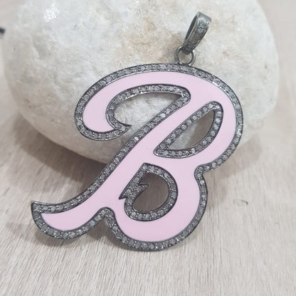 Pink Enamel B Latter Pendant With Pave Diamond Layers, Silver Jewelry, Personalized Gift For Love