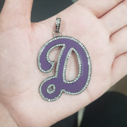 Glorious Purple Enamel D Latter Pendant With Pave Diamond Layers, Letter Pendant, Silver Jewelry