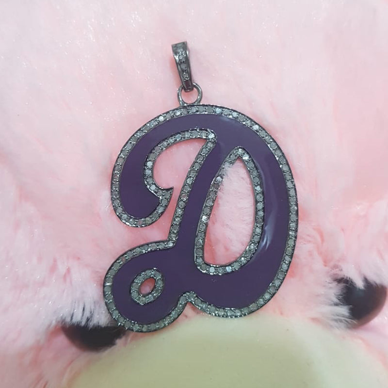 Glorious Purple Enamel D Latter Pendant With Pave Diamond Layers, Letter Pendant, Silver Jewelry