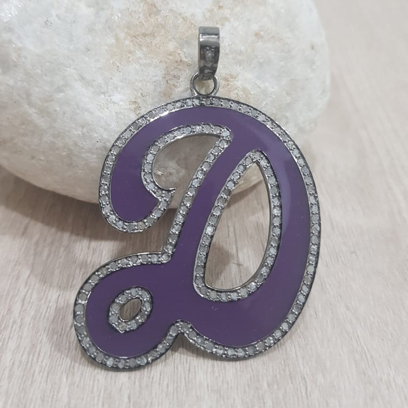 Glorious Purple Enamel D Latter Pendant With Pave Diamond Layers, Letter Pendant, Silver Jewelry