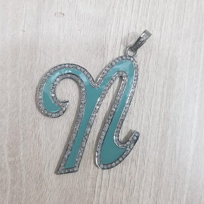 N Latter  Enamel Pendant With Pave Diamond Layers, Silver Jewelry, Gift For Someone