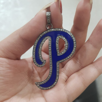 Blue Enamel P Latter Pendant Necklace With Pave Diamond Layers, Silver Jewelry, Letter Pendant