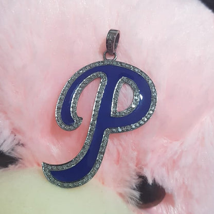 Blue Enamel P Latter Pendant Necklace With Pave Diamond Layers, Silver Jewelry, Letter Pendant