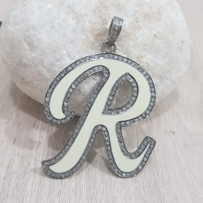 Cream Enamel R Latter Pendant Necklace With Pave Layers, Silver Jewelry, Gift For Her, Him