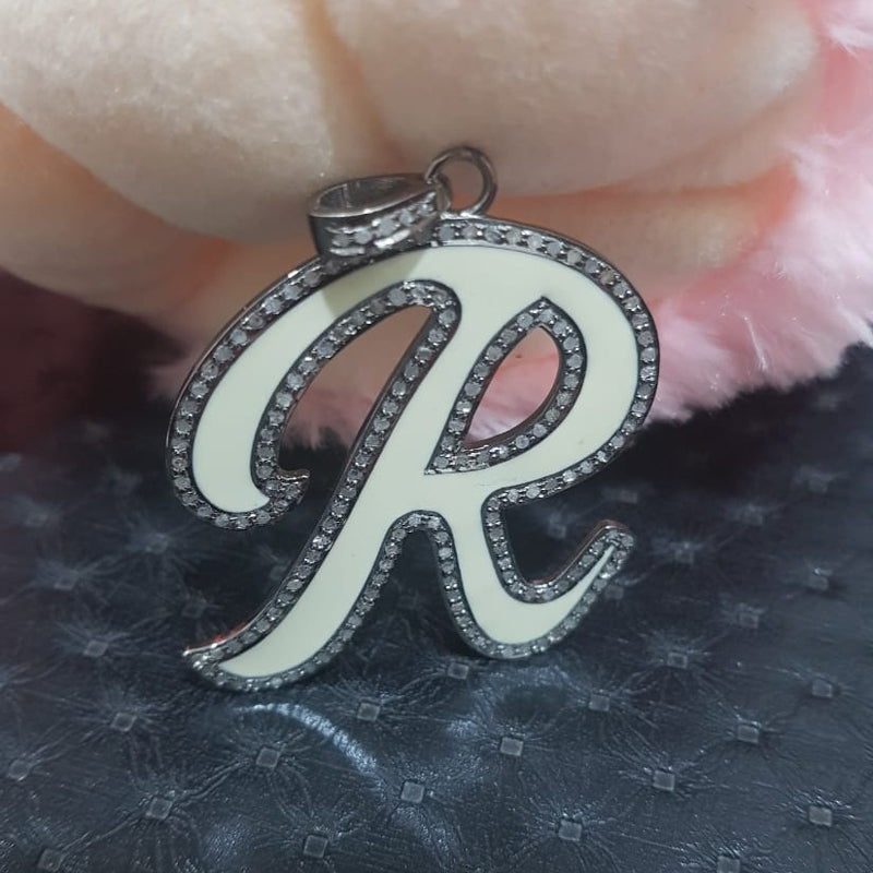 Cream Enamel R Latter Pendant Necklace With Pave Layers, Silver Jewelry, Gift For Her, Him