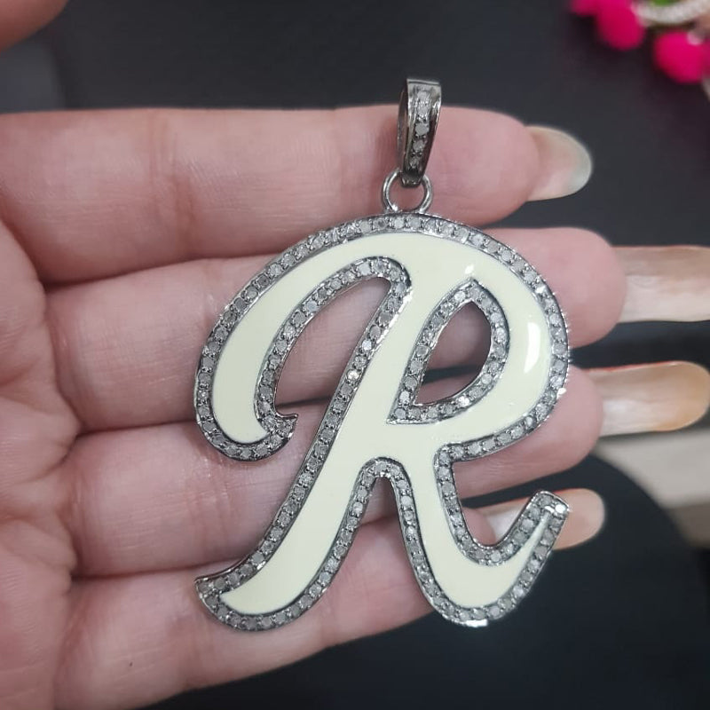 Cream Enamel R Latter Pendant Necklace With Pave Layers, Silver Jewelry, Gift For Her, Him