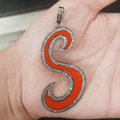 Orange Enamel S Latter Pendant With Pave Diamond Layers, Silver Jewelry, Gift For Someone