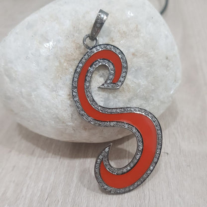 Orange Enamel S Latter Pendant With Pave Diamond Layers, Silver Jewelry, Gift For Someone