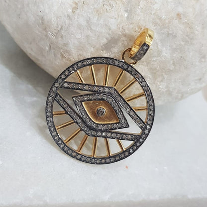 Evil Eye Designer Pave Diamond Fancy Round Style Pendant, Silver Jewelry, Gift For Someone