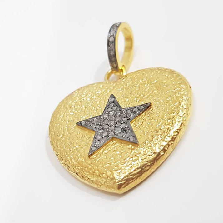 Hammering Heart Pendant With Pave Diamond Star, Attractive Stylish Heart Necklace, Gift For Lovers, Valentines Day