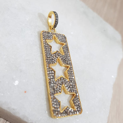 Two Tone  Pave Tag Pendant With 3 Open Stars, Starlight Embrace Stylish Necklace, Silver Jewelry