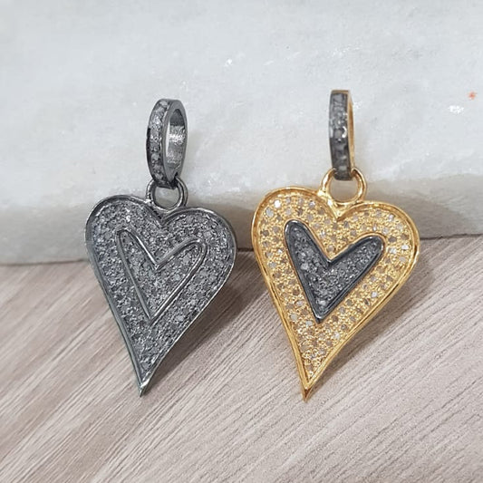 Attractive Pave Diamond Handmade Designer Two Tone Heart Pendant, Fully Heart Necklace, Silver Jewelry