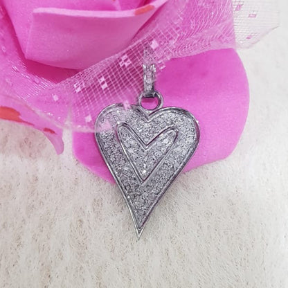 Attractive Pave Diamond Handmade Designer Two Tone Heart Pendant, Fully Heart Necklace, Silver Jewelry