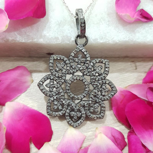 Glamorous Designer Handmade Flower Pendant With Pave Diamond, Flower Necklace, Silver Jewelry