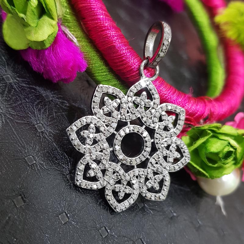 Glamorous Designer Handmade Flower Pendant With Pave Diamond, Flower Necklace, Silver Jewelry