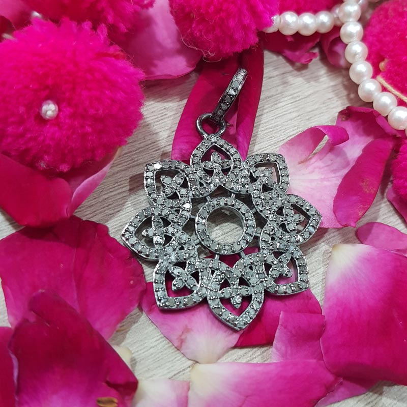 Glamorous Designer Handmade Flower Pendant With Pave Diamond, Flower Necklace, Silver Jewelry