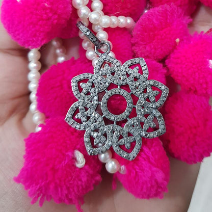 Glamorous Designer Handmade Flower Pendant With Pave Diamond, Flower Necklace, Silver Jewelry