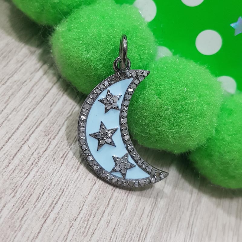 Unique Designer Handmade Moon Style Pendant With Pave Diamond, Silver Jewelry, Gift For Her