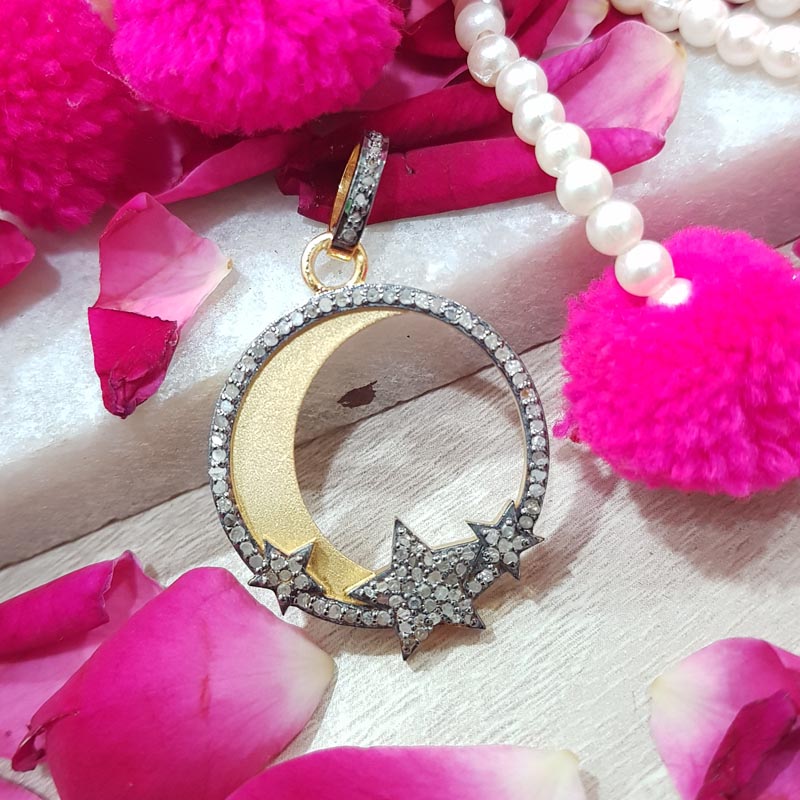 Attractive Pave Diamond Handmade Fancy Designer Moon Pendant  With Star, Silver Jewelry