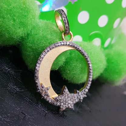 Attractive Pave Diamond Handmade Fancy Designer Moon Pendant  With Star, Silver Jewelry