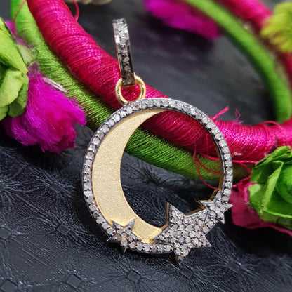 Attractive Pave Diamond Handmade Fancy Designer Moon Pendant  With Star, Silver Jewelry