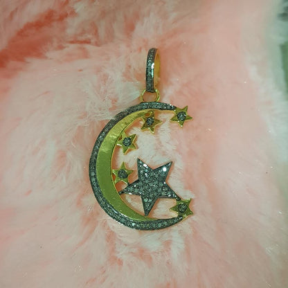 Attractive Pave Diamond Handmade Beautiful Moon Pendant With Star, Stylish Star Pendant