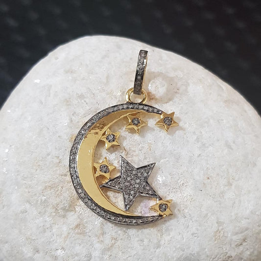 Attractive Pave Diamond Handmade Beautiful Moon Pendant With Star, Stylish Star Pendant