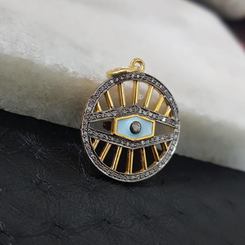 Fancy Attractive Round Pendant With Pave Diamond, Enamel Fancy Necklace, Silver Jewelry, Gift For Lover