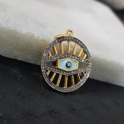 Fancy Attractive Round Pendant With Pave Diamond, Enamel Fancy Necklace, Silver Jewelry, Gift For Lover