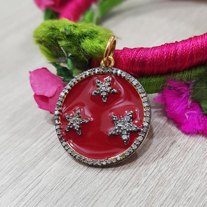 Attractive Pave Diamond Handmade Round Pendant With Star, Stunning Round Disk Necklace