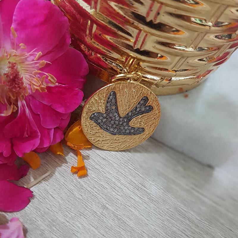 Glamorous Designer Handmade Beautiful Bird Pendant With Pave Diamond, Disk Stylish Necklace, Silver Jewelry