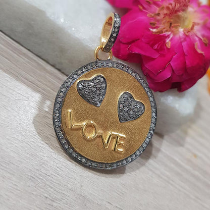 The Splendid Love Word Round Shape Design Pendant With Pave Diamond, Silver Jewelry, Gift For Someone