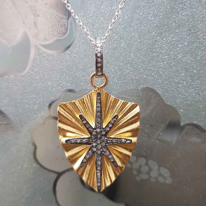 Handmade Designer Round Starburst Pendent With Pave Diamond, Silver Jewelry