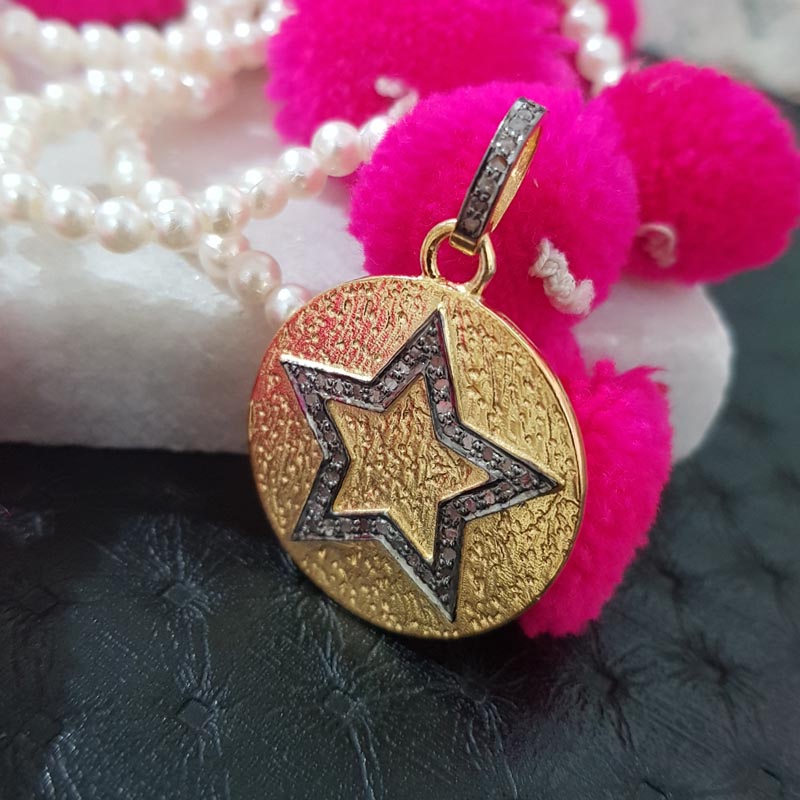 Star Round Pendant, Two Tone Fancy Designer Handmade Round Pendant Joined Star With Pave Layer, Silver Jewelry