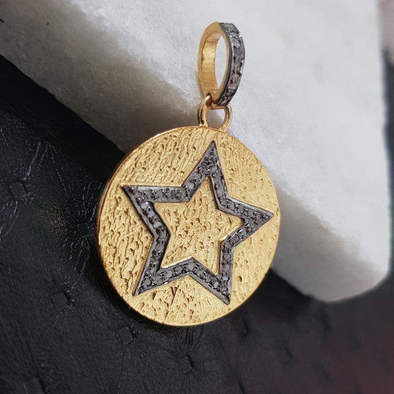 Star Round Pendant, Two Tone Fancy Designer Handmade Round Pendant Joined Star With Pave Layer, Silver Jewelry