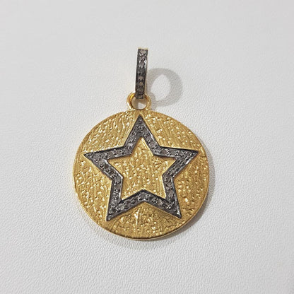 Star Round Pendant, Two Tone Fancy Designer Handmade Round Pendant Joined Star With Pave Layer, Silver Jewelry