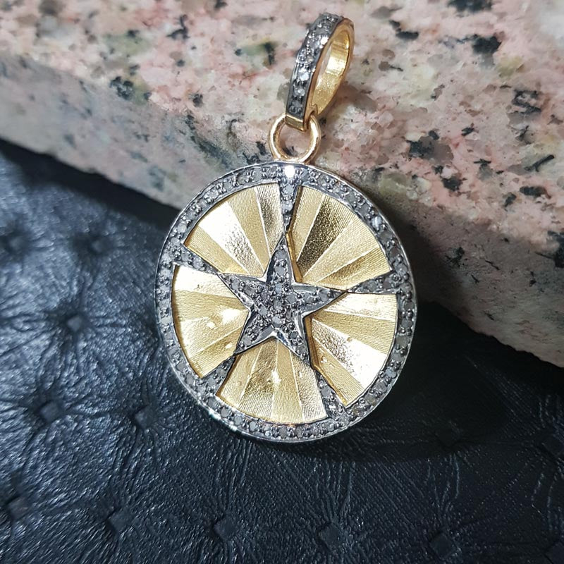 Star Circular Pendant, Attractive Pave Diamond Handmade Fancy Designer Round pendant With Star, Silver Jewelry