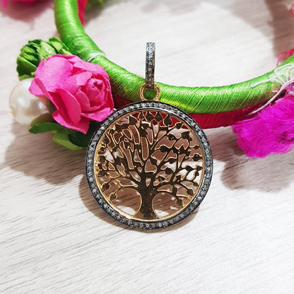 Yellow and Black Beautiful Round Tree Pendent With Pave Diamond, Tree Necklace, Silver Jewelry