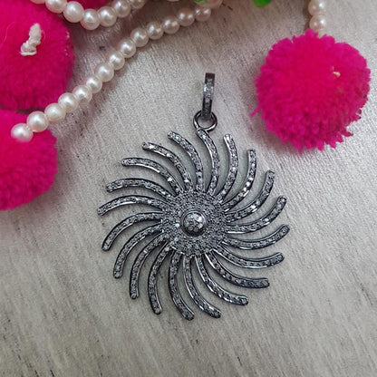 Glamorous Designer Handmade Beautiful Round Shape Flower Pendant With Pave Diamond, Silver Jewelry