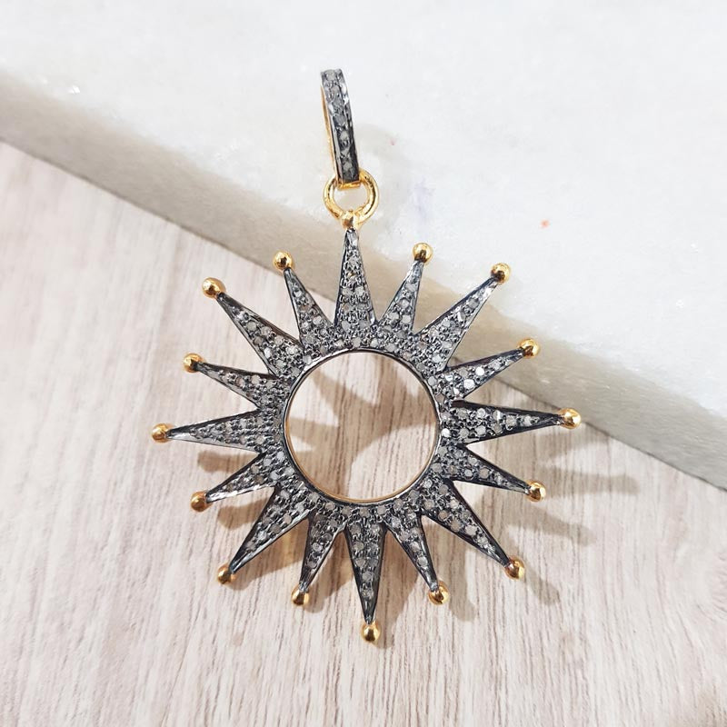 Eternal Sunshine Sunburst Charm Pendant, Handmade Designer Pave Diamond 925 Sterling Silver Starburst Pendant, Silver Jewelry