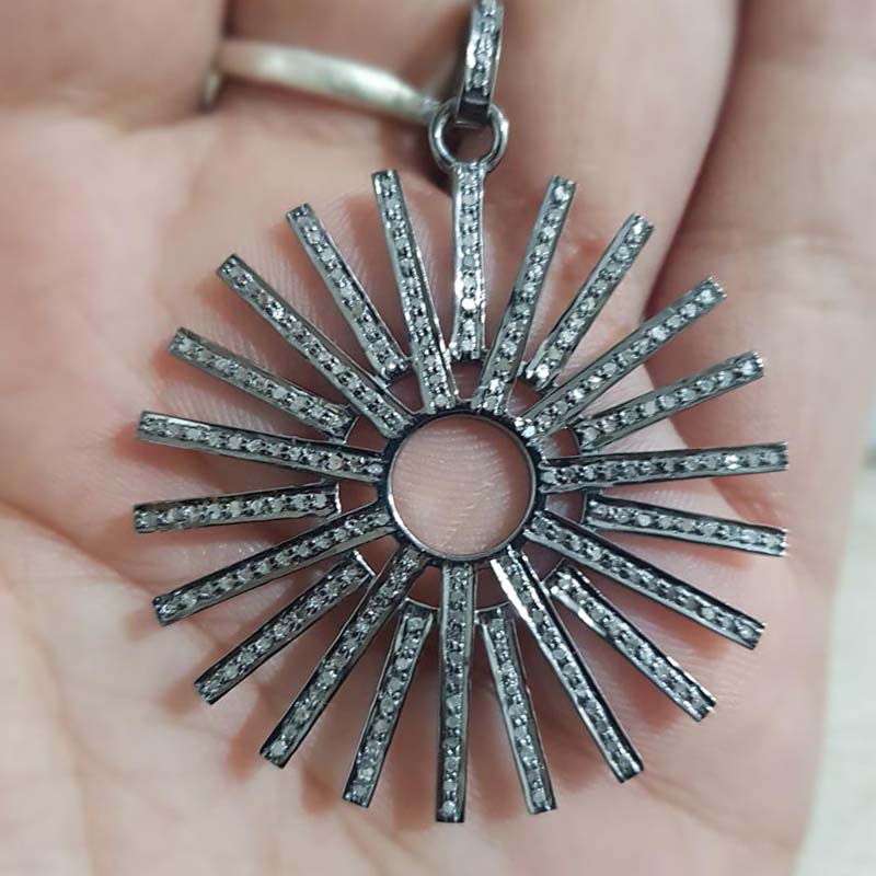 Fashionable Sunburst Pendant, Unique Designer Handmade Starburst Pendant With Pave Diamond, Silver Jewelry