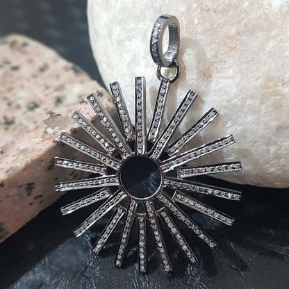 Fashionable Sunburst Pendant, Unique Designer Handmade Starburst Pendant With Pave Diamond, Silver Jewelry