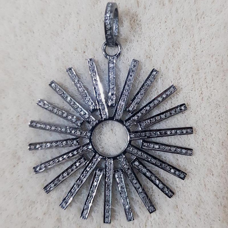 Fashionable Sunburst Pendant, Unique Designer Handmade Starburst Pendant With Pave Diamond, Silver Jewelry