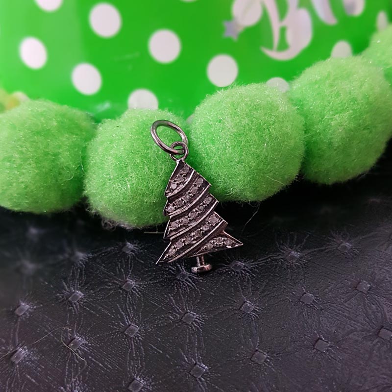 Festive Delights Christmas Charms, Good Looking Handmade Designer Fancy Tree Charms With Pave Diamond, Silver Jewelry